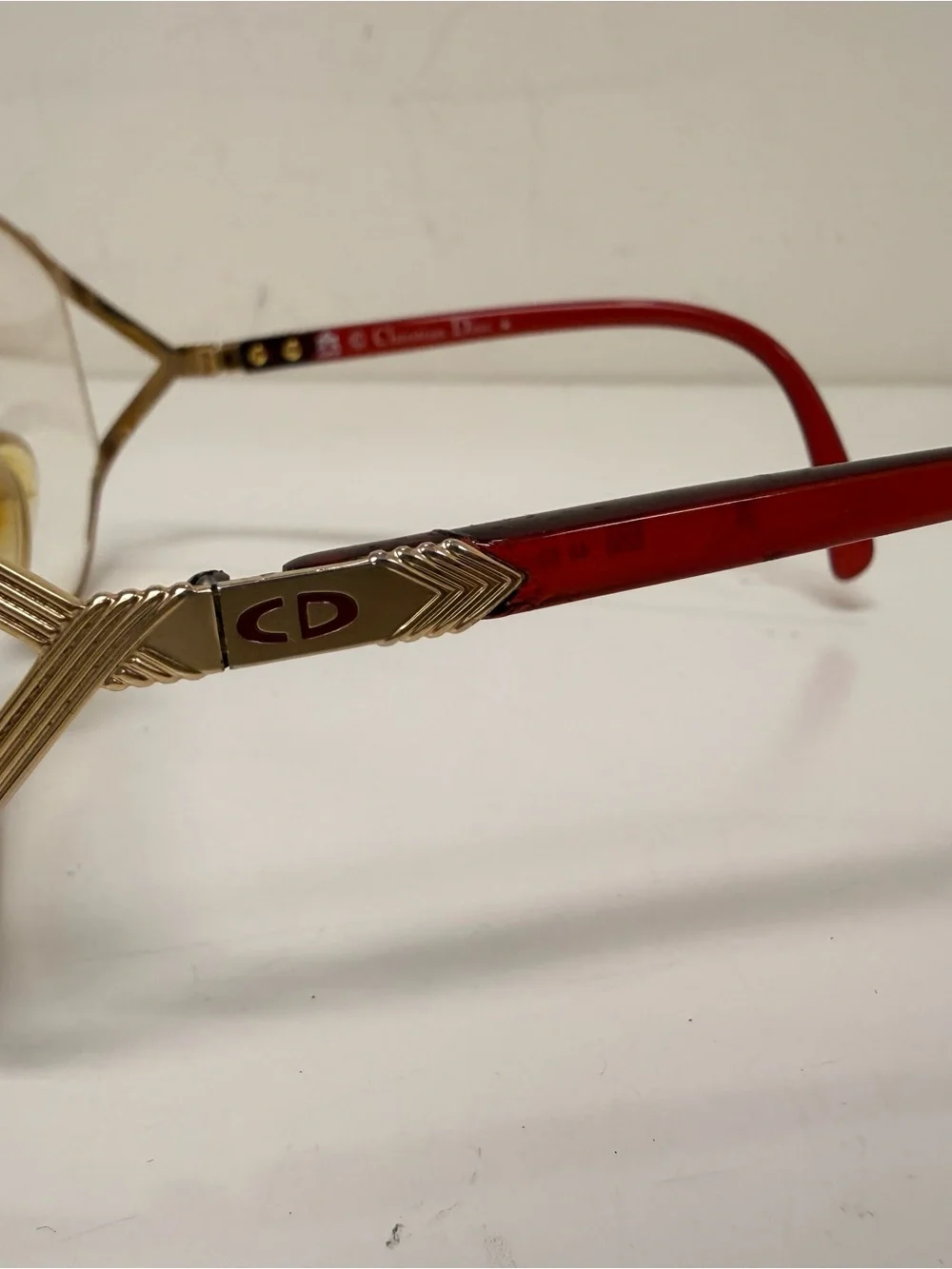 Vintage 70’s Large Christian Dior Gold Frame Glasses with Red Temples